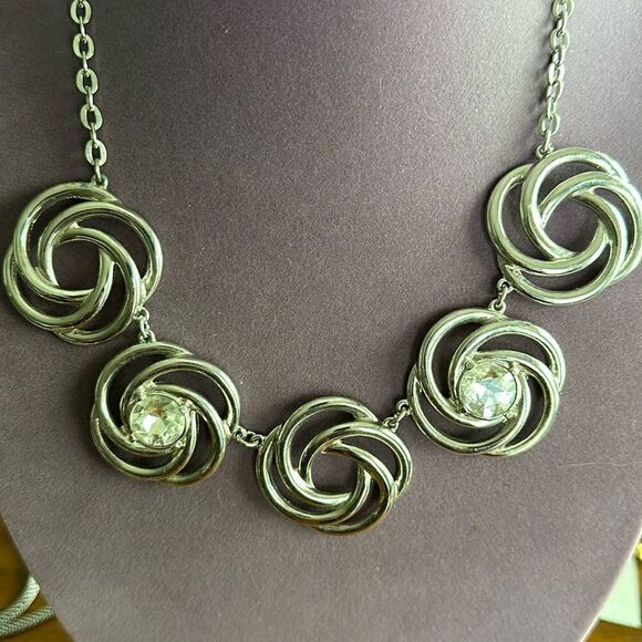 White House Black Market Statement Silvertone And Crystal Swirl Necklace - Picture 1 of 4